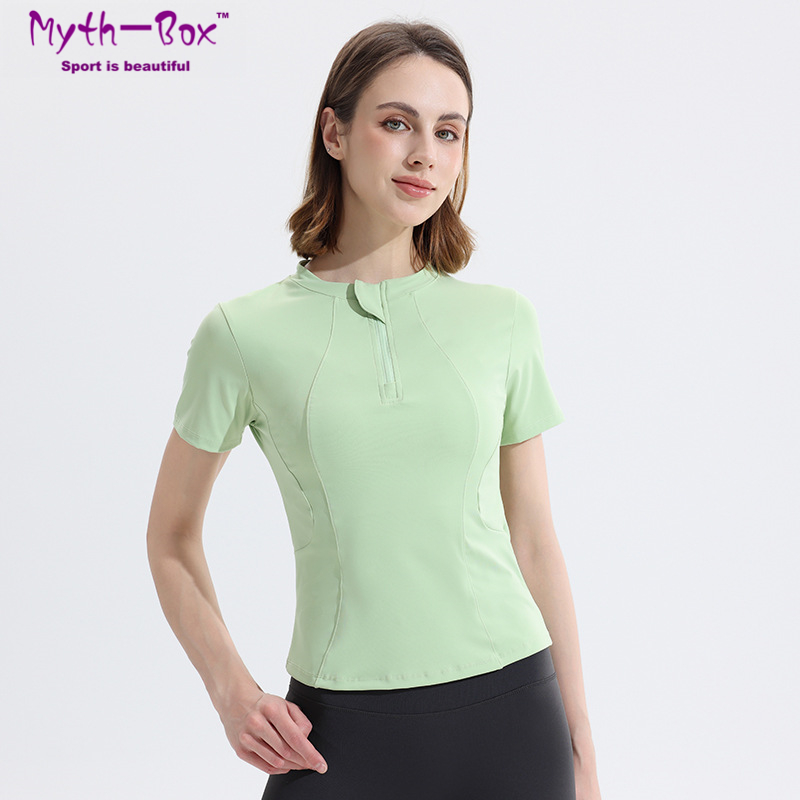 Yoga Fitness Qc - 夏の女性ヨガシャツスリム半袖 Tシャツジッパー襟ランニングスポーツシャツカーブ裾ジムフィットネストップブラウス女性