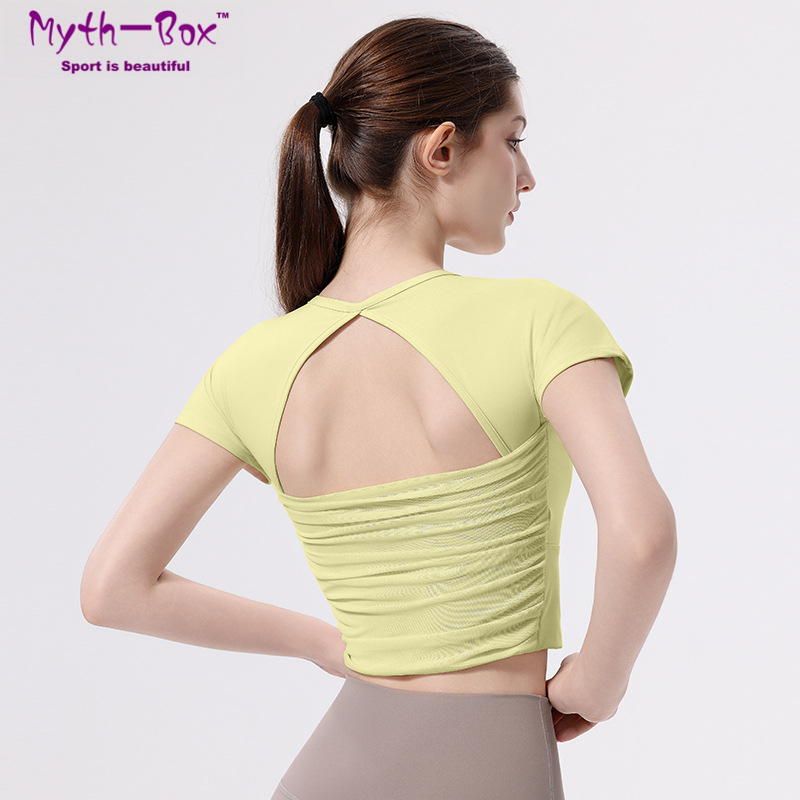 Yoga Fitness Qc - 女性用スリムヨガシャツ、パッド入り半袖スポーツTシャツ、メッシュランニングシャツ、ホローアウトジムフィットネスTシャツトップス、ブラジャー付き