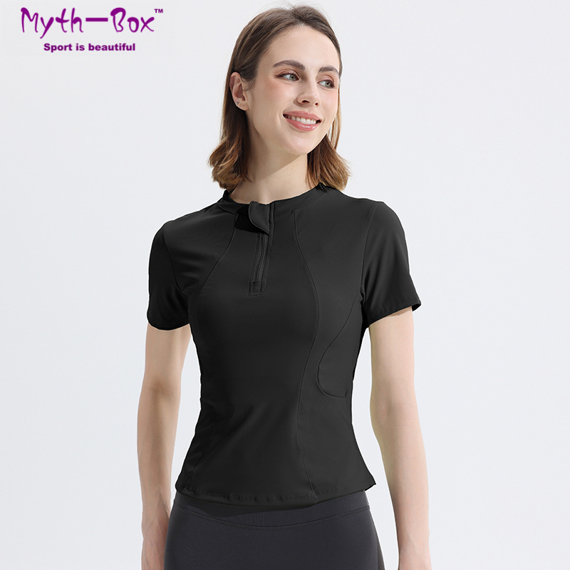 夏の女性ヨガシャツスリム半袖 Tシャツジッパー襟ランニングス - Yoga Fitness Qc のレビューと価格