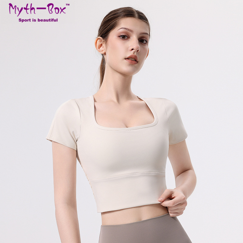 女性用スリムヨガシャツ、パッド入り半袖スポーツTシャツ、メッ - Yoga Fitness Qc のレビューと価格